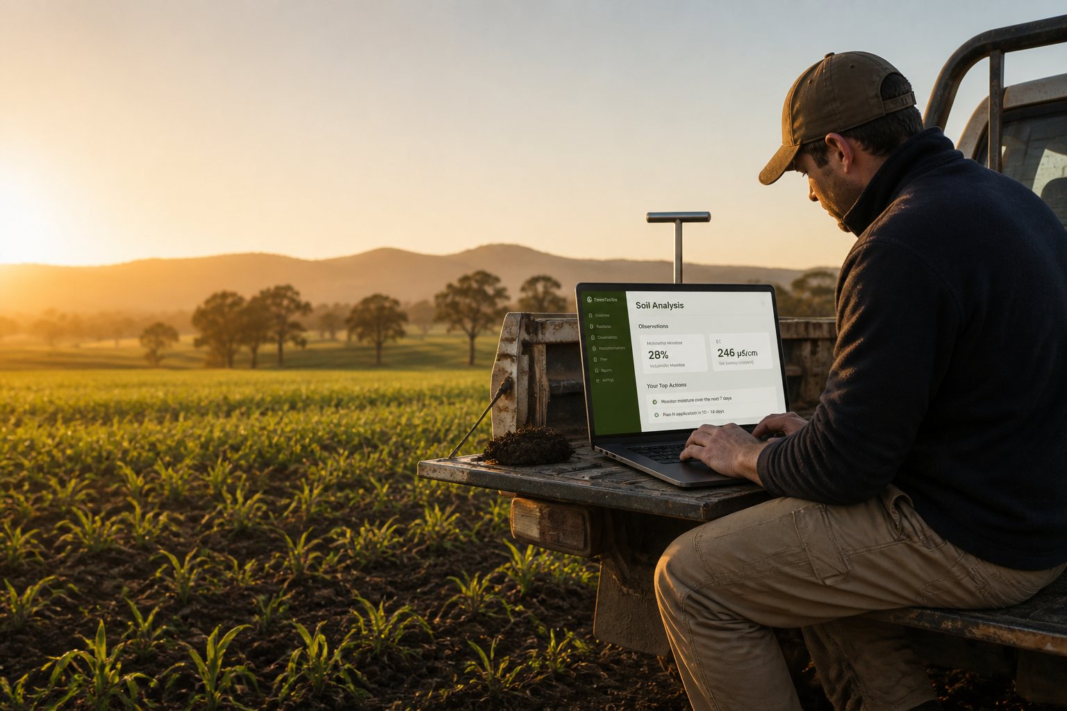 A grower reviewing TerraTactics Soil Analysis on a laptop at the paddock edge