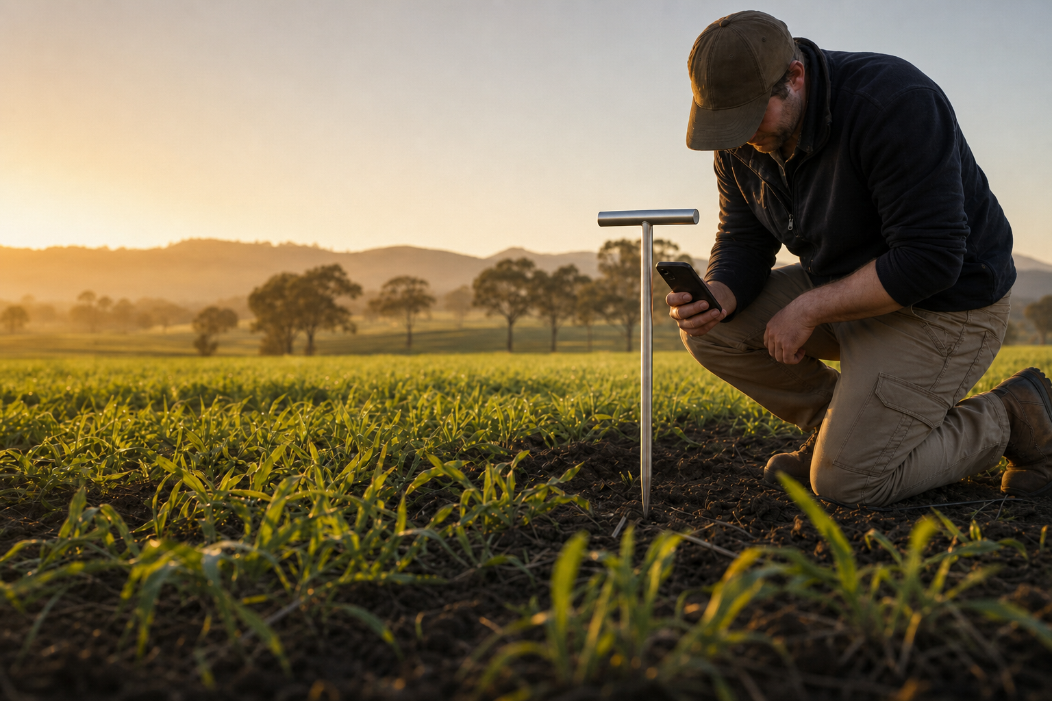 A grower kneeling in an Australian paddock with a stainless-steel TerraSpike penetrometer and TerraTactics Field Intelligence