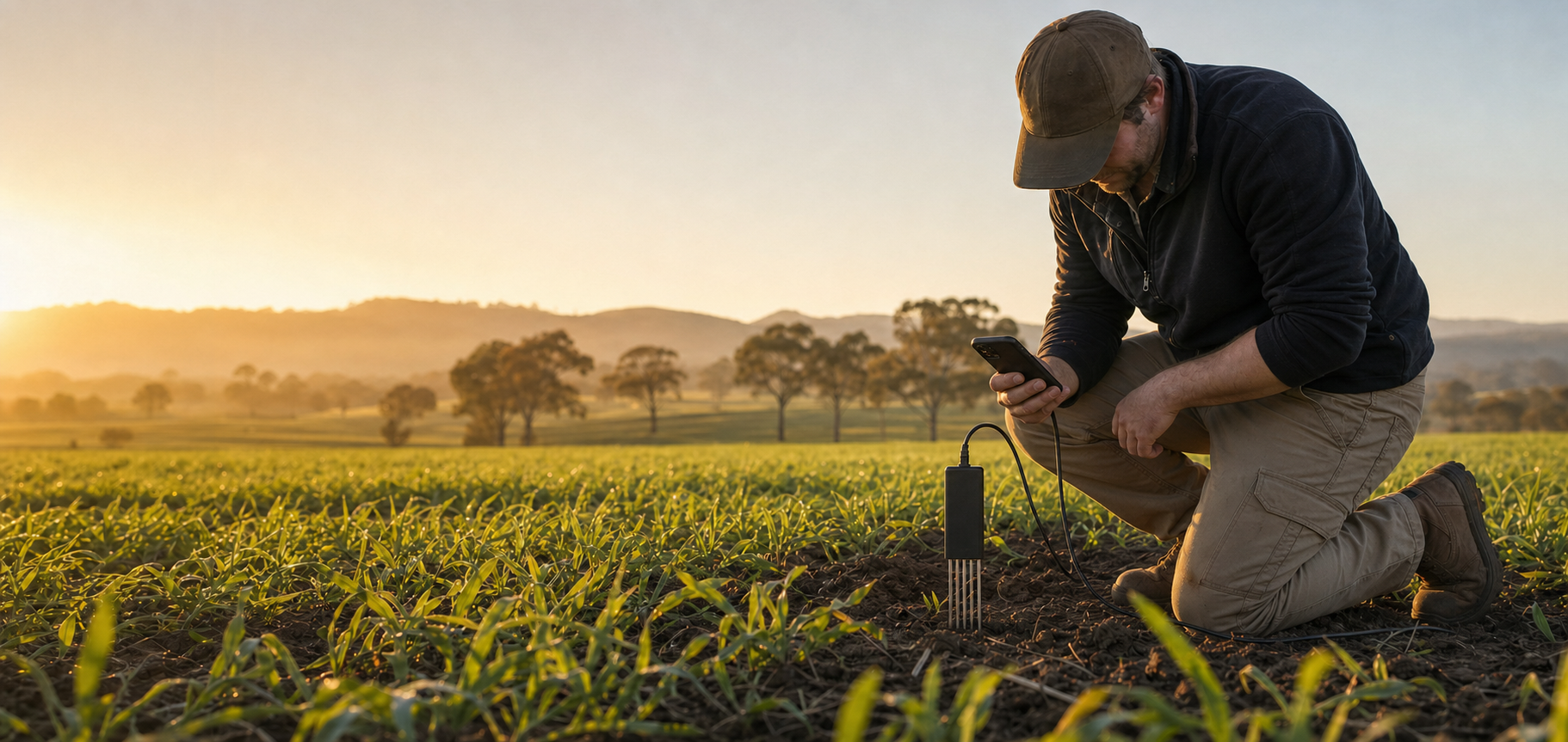 An Australian farmer taking a soil reading in a paddock